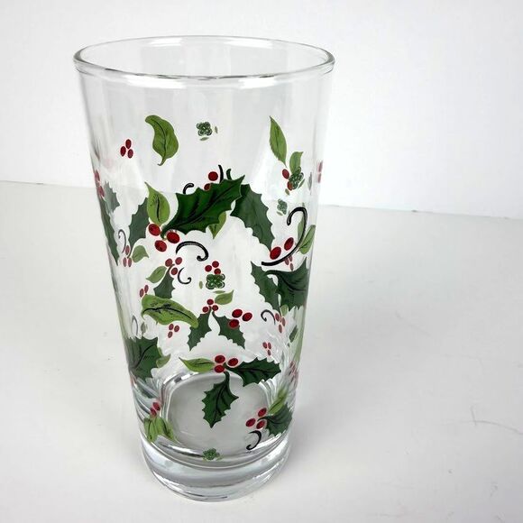 Vintage Libbey Holiday Holly 14 Ounce Tumbler Glass, Green Holly w Red Berries - Picture 4 of 7